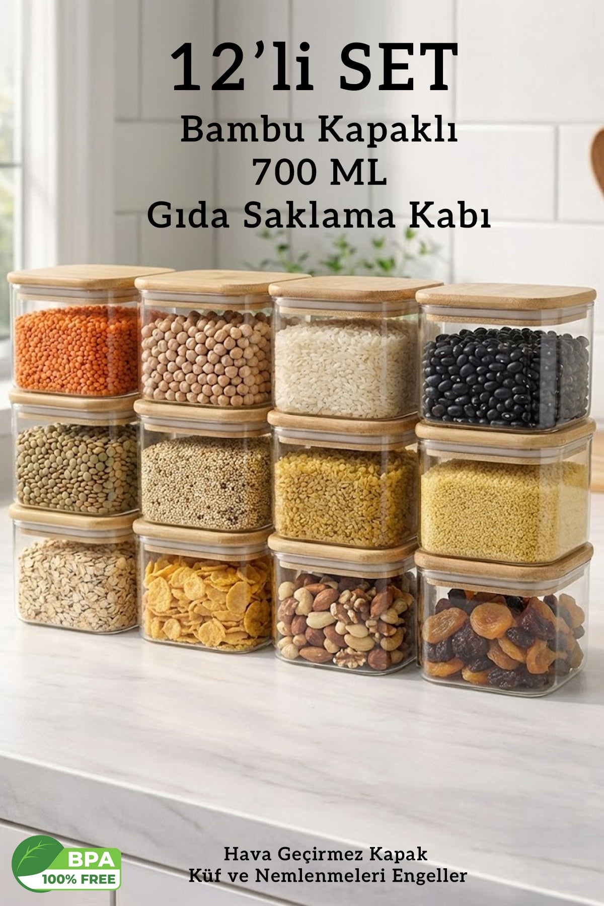 12’li Bambu Kapaklı Kare 700 ML Hava Geçirmez Gıda Saklama Kabı Seti