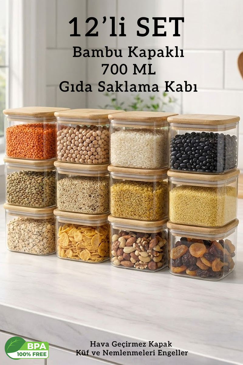 12’li Bambu Kapaklı Kare 700 ML Hava Geçirmez Gıda Saklama Kabı Seti