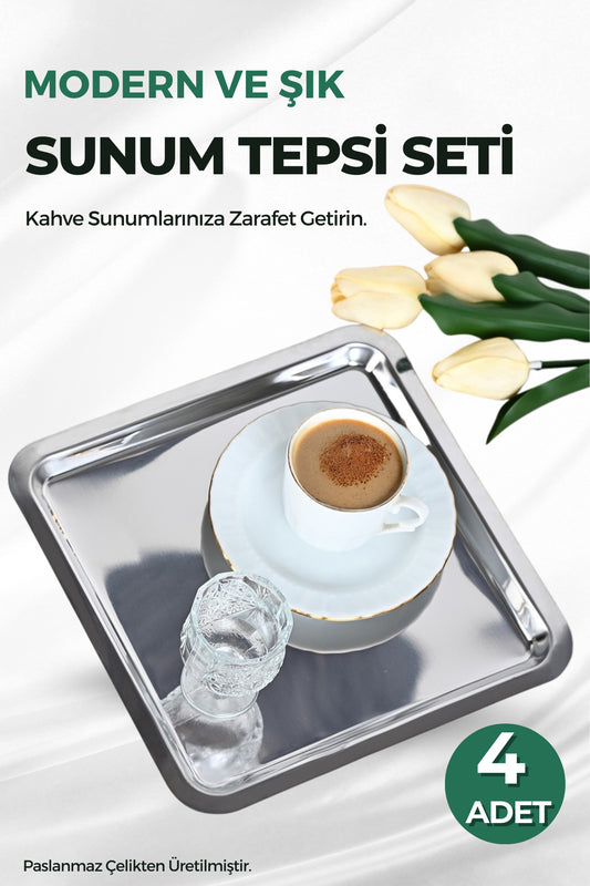 4 Lü Paslanmaz Çelik Kare Kahve Sunum Tepsi Seti