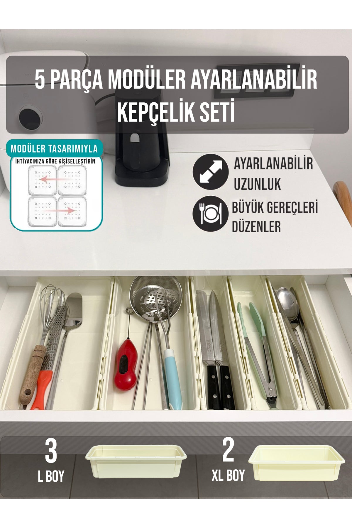 5 Parça Ayarlanabilir Uzayabilen Kaşıklık Kepçelik Çekmece Düzenleyici