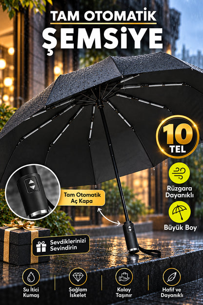 10 Fiber Tam Otomatik Aç Kapa Unisex Rüzgara Dayanıklı Kırılmaz Şemsiye