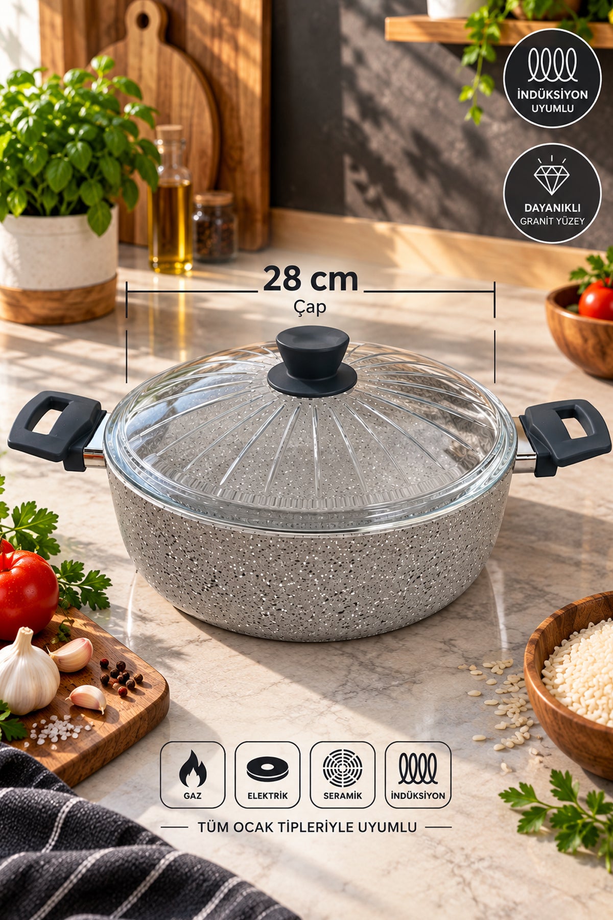 28 Cm Cam Kapaklı Granit Pilav Tenceresi – İndüksiyon Uyumlu Geniş Aile Boy Pilav Tenceresi