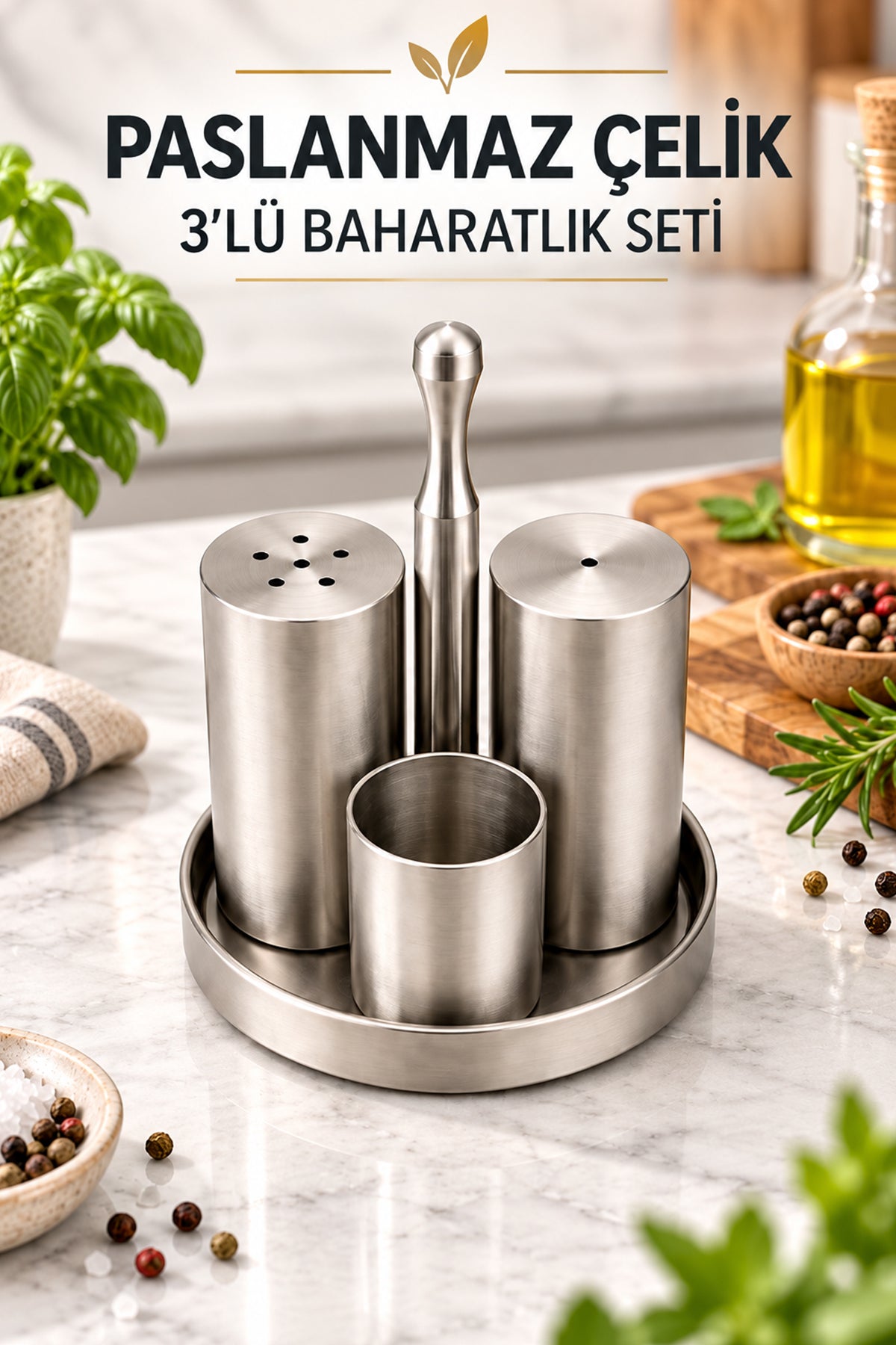 304 Paslanmaz Çelik 3’lü Baharatlık Seti – Tuzluk, Biberlik ve Kürdanlık Standlı Masa Üstü Baharat Takımı