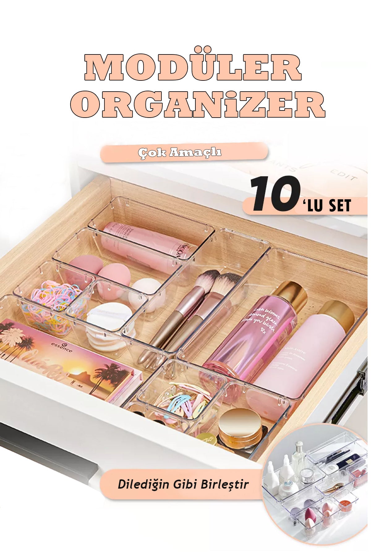 10'lu Modüler Makyaj Malzemeleri ve Takı Organizeri Çekmece Düzenleyici Set