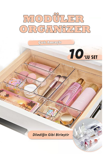 10'lu Modüler Makyaj Malzemeleri ve Takı Organizeri Çekmece Düzenleyici Set