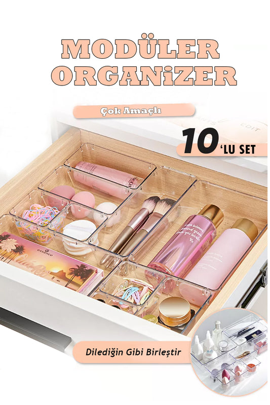 10'lu Modüler Makyaj Malzemeleri ve Takı Organizeri Çekmece Düzenleyici Set