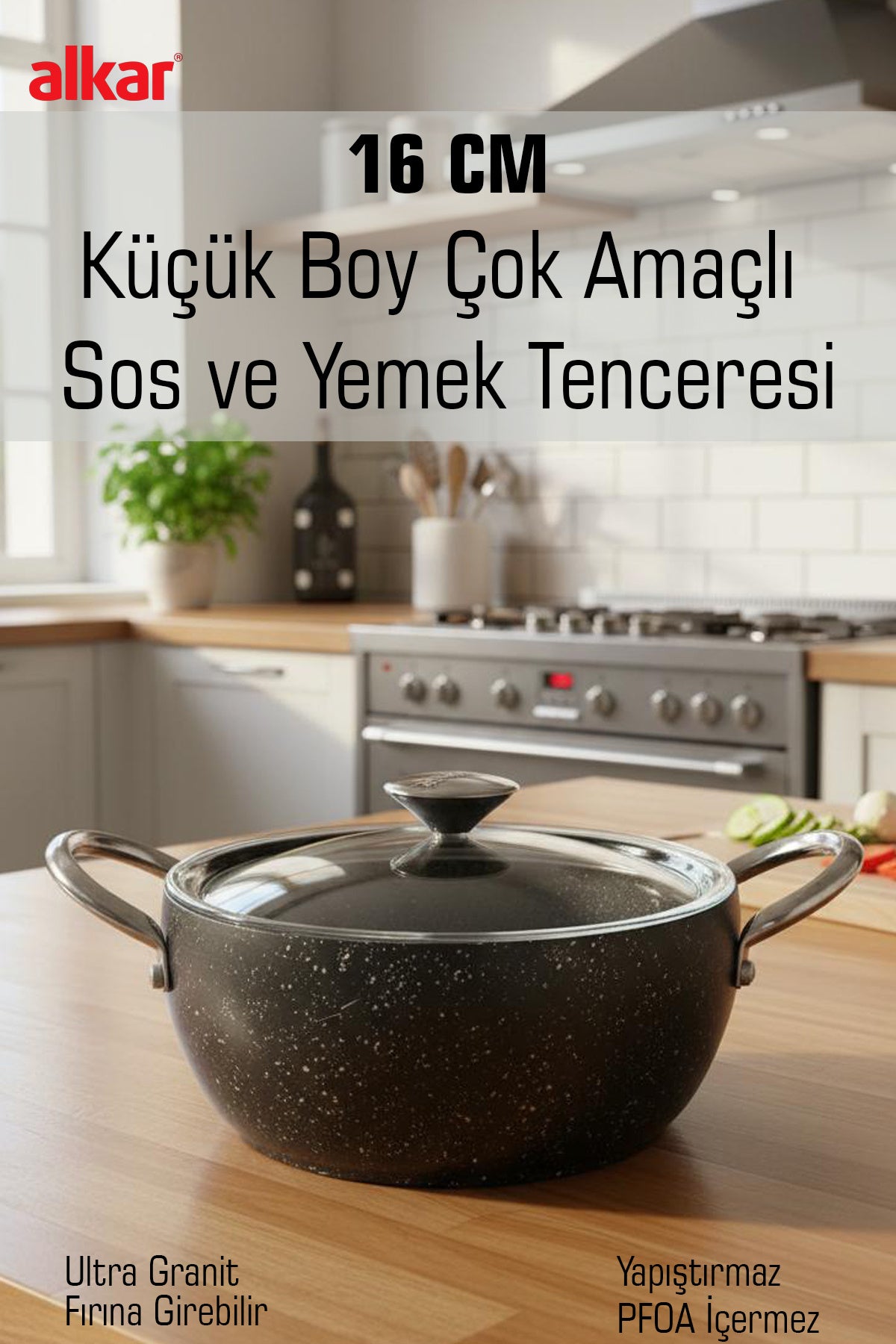 16 CM Çok Amaçlı Derin Sos ve Yemek Tenceresi Granit Yanmaz Yapışmaz