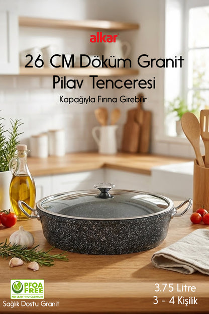 26 CM Döküm Granit Çok Amaçlı Fırına Girebilir Pilav Tenceresi Yanmaz Yapışmaz
