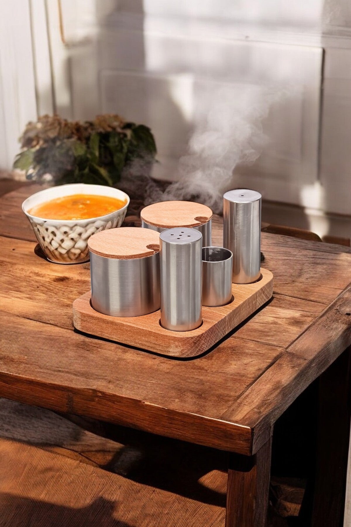 5'li Ahşap Stantlı Paslanmaz Çelik Baharatlık ve Şekerlik Seti Kafe Restorant Set