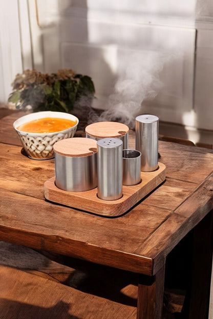 5'li Ahşap Stantlı Paslanmaz Çelik Baharatlık ve Şekerlik Seti Kafe Restorant Set