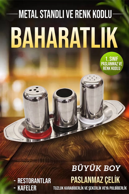 Paslanmaz Çelik 5'li Baharatlık Seti Tepsili – Tuzluk, Karabiberlik ve Baharat Düzenleyici