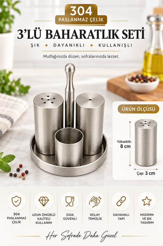 304 Paslanmaz Çelik 3’lü Baharatlık Seti – Tuzluk, Biberlik ve Kürdanlık Standlı Masa Üstü Baharat Takımı