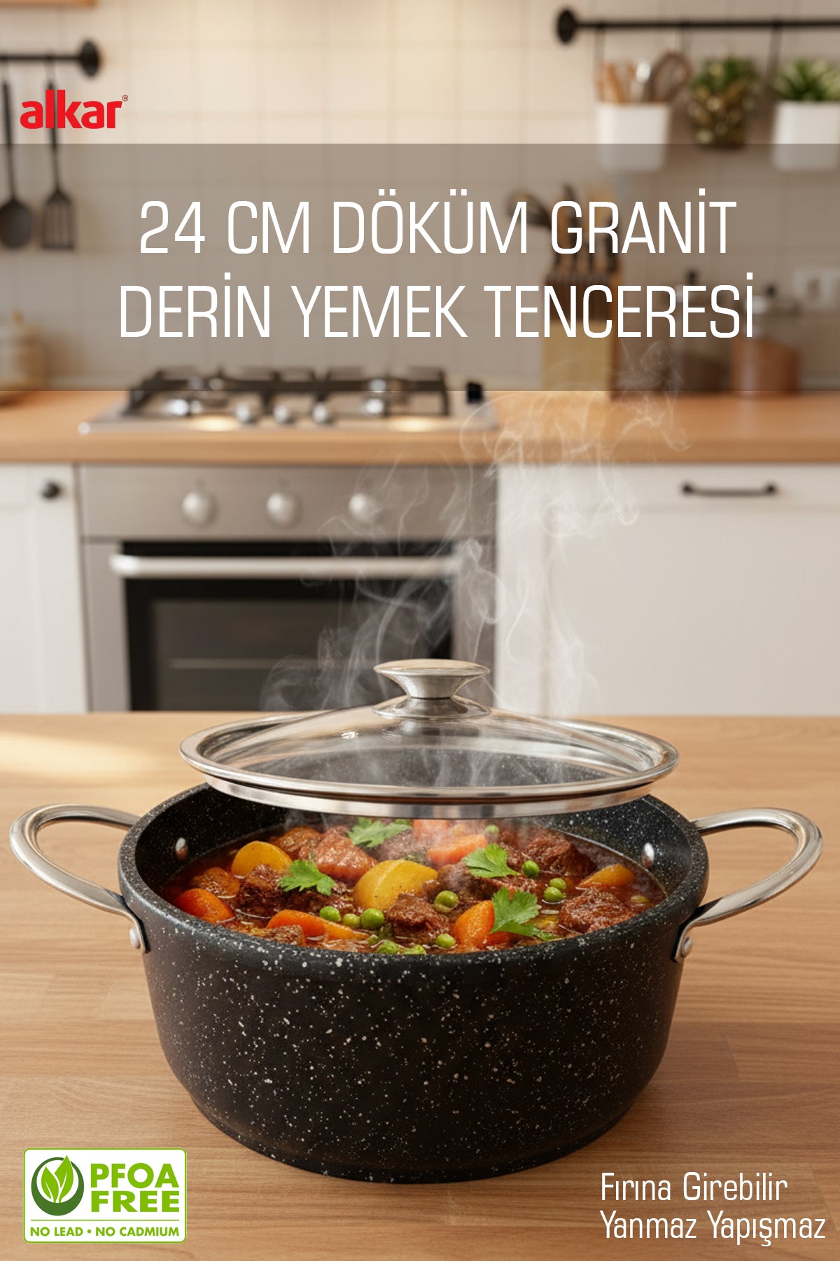 Orta Boy Derin Döküm Granit Yapışmaz Fırına Girebilir Yemek Tenceresi 24 CM