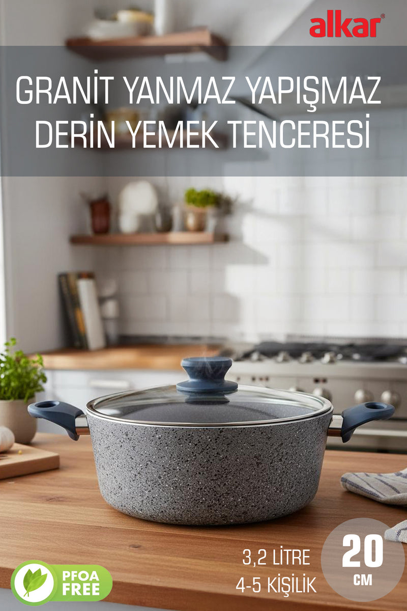 20 CM Küçük Boy Granit Derin Yemek Tenceresi Yanmaz Yapışmaz