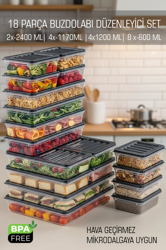 18'li Freshbox Buzdolabı ve Derin Dondurucu Düzenleyici Dolap İçi Organizer Mikrodalgaya Uygun
