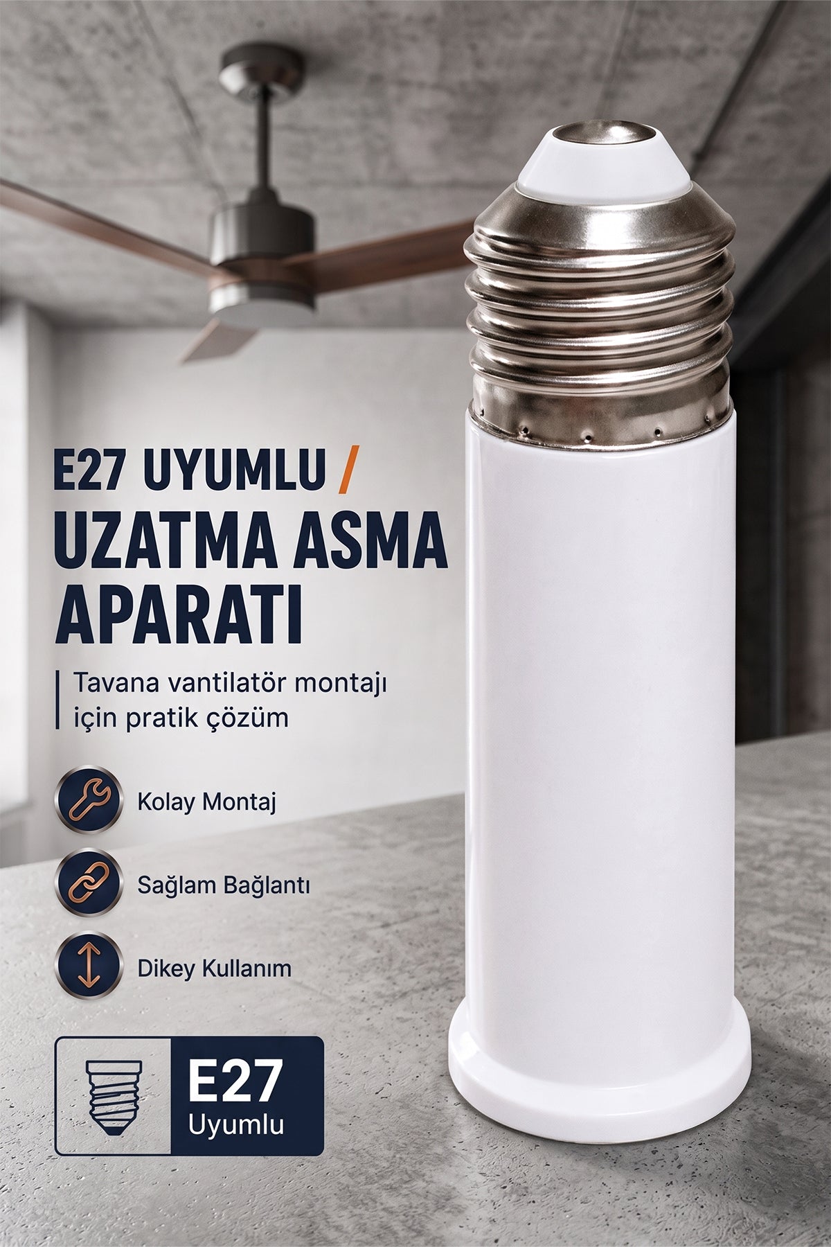 Tavan Vantilatör E27 Uyumlu Uzatma Aparatı Ek Duy Uzatma Aparatı