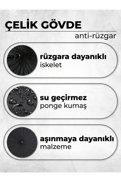 Baston Şemsiye 16 Telli Premium Kalite Geniş Kubbeli Siyah Şemsiye Kaymaz Saplı Rüzgara Dayanıklı Klasik Şemsiye