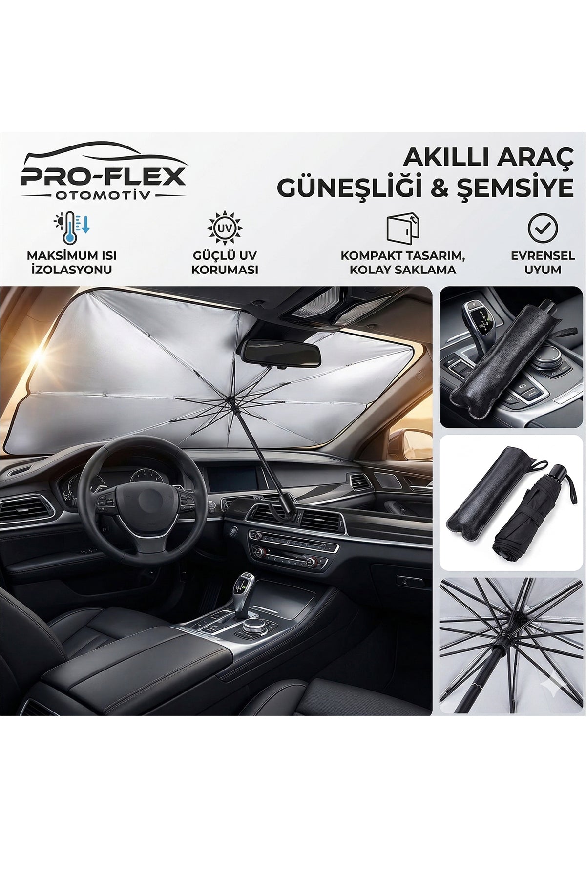 Araç İçi Şemsiye Ön Cam Güneşlik Katlanabilir Oto Güneş ve Isı Koruyucu UV Korumalı