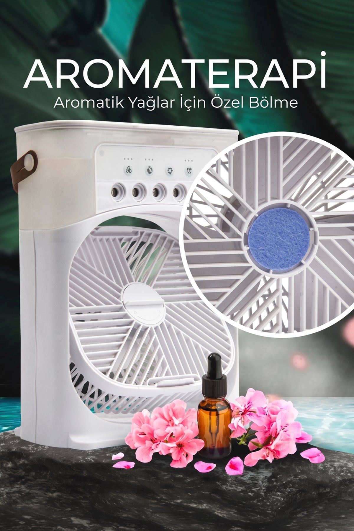 Çok Fonksiyonlu Su Hazneli Vantilatör - Nemlendirici, Aromaterapi ve 7 Renk Taşınabilir USB Tip-C